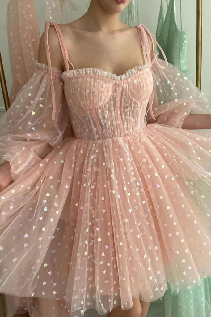 short pink tulle prom dress Pink Tulle Hand-Made Flowers Short Prom Dresses, Homecoming Dress, MH518