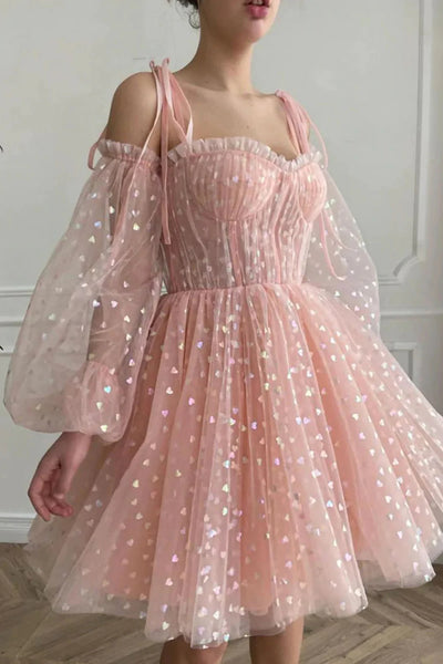 Short Pink Tulle Prom Dresses, Short Pink Tulle Formal Homecoming Dresses