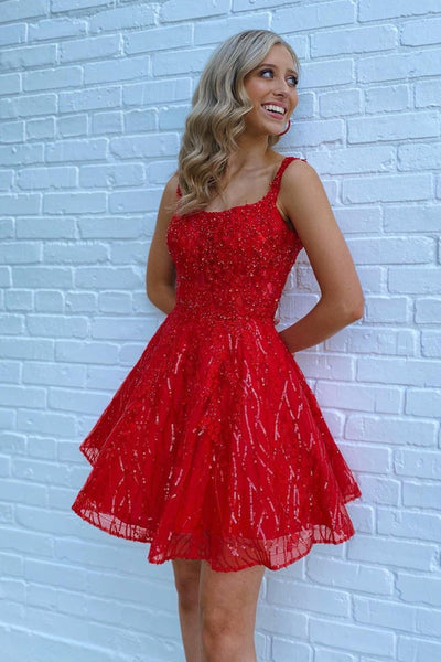 Short Red Lace Prom Dresses, Short Red Lace Formal Homecoming Dresses