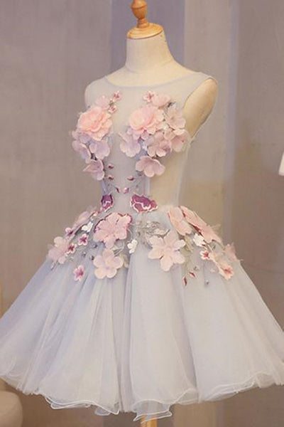 Short Round Neck 3D Floral Prom Dresses, Short 3D Flower Formal Homecoming Dresses