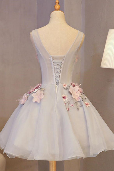 Short Round Neck 3D Floral Prom Dresses, Short 3D Flower Formal Homecoming Dresses