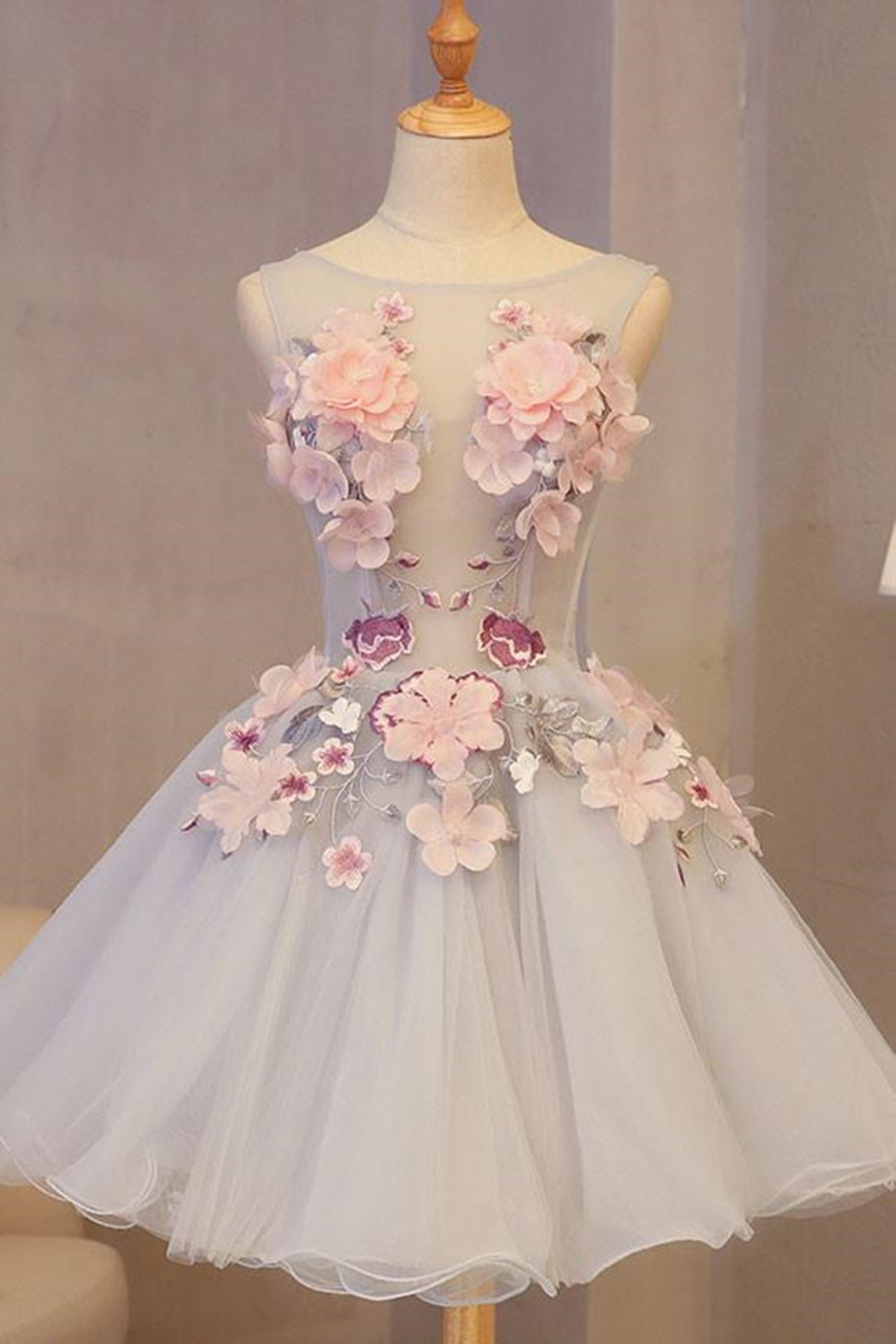 Short Round Neck 3D Floral Prom Dresses, Short 3D Flower Formal Homecoming Dresses