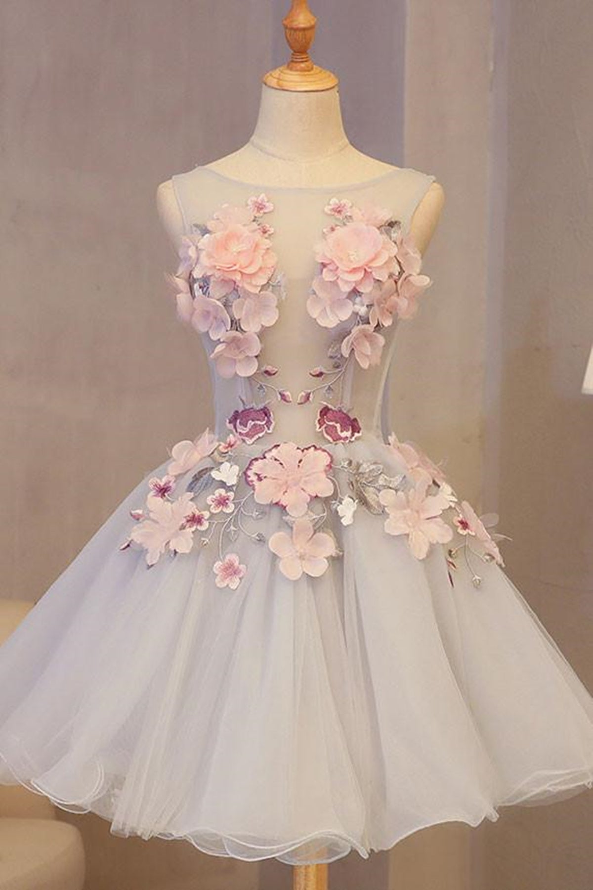 Short Round Neck 3D Floral Prom Dresses, Short 3D Flower Formal Homeco Eip Collection Short Round Neck 3D Floral Prom Dresses, Short 3D Flower Formal Homeco Eip Collection