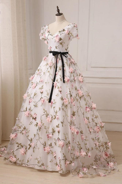 Short Sleeves 3D Floral Lace Prom Dresses, 3D Flower Lace Formal Evening Dresses