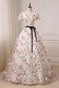 Short Sleeves 3D Floral Lace Prom Dresses, 3D Flower Lace Formal Evening Dresses