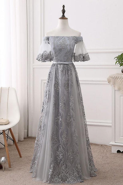 Short Sleeves Grey Lace Long Prom Dresses, Short Sleeves Gray Lace Lon Eip Collection Short Sleeves Grey Lace Long Prom Dresses, Short Sleeves Gray Lace Lon Eip Collection