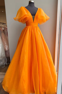 Short Sleeves Orange Green Long Prom Dresses, Orange Green Long Formal Evening Dresses