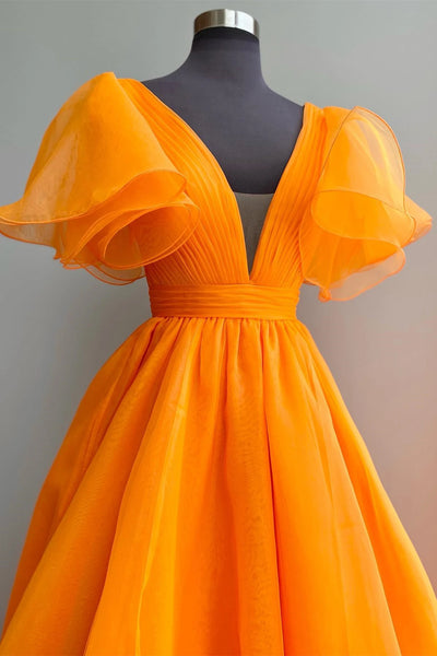 Short Sleeves Orange Green Long Prom Dresses, Orange Green Long Formal Evening Dresses