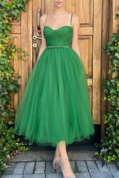 Short Tea Length Green Tulle Prom Dresses, Short Tea Length Green Tulle Formal Homecoming Dresses