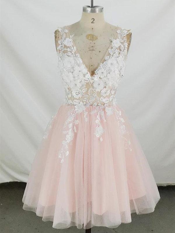 Short V Neck Pink Lace Prom Dresses, Short Pink Lace Homecoming Gradua   Eip Collection