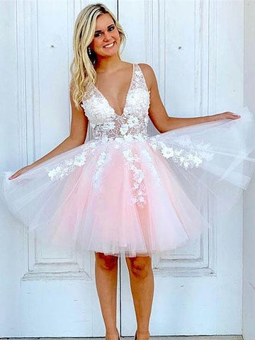 Short V Neck Pink Lace Prom Dresses, Short Pink Lace Homecoming Graduation Dresses