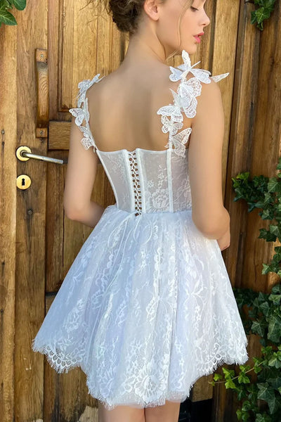 Short White Lace Prom Dresses, Short White Lace Formal Homecoming Dresses