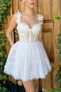 Short White Lace Prom Dresses, Short White Lace Formal Homecoming Dresses