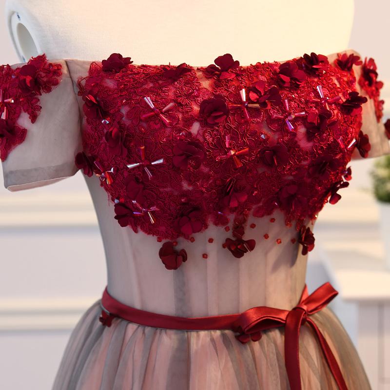 Short Sleeves Burgundy Floral Long Prom Dresses, Burgundy Floral Forma –  Eip Collection