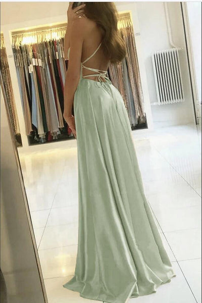 Simple A Line Backless Sage/Pink/Blue Satin Long Prom Dresses with High Slit, Backless Sage/Pink/Blue Formal Graduation Evening Dresses EP1796