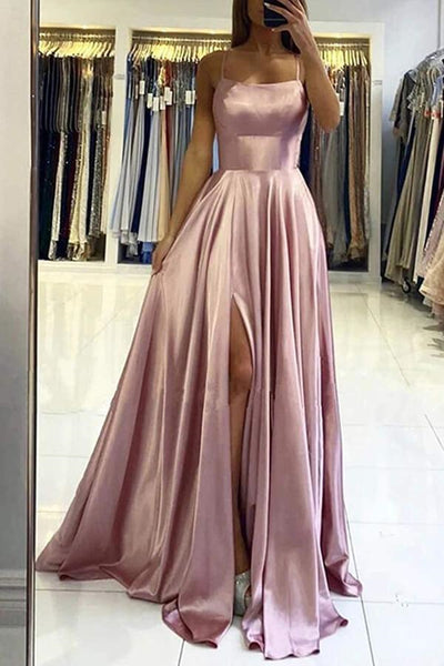 Simple A Line Backless Sage/Pink/Blue Satin Long Prom Dresses with High Slit, Backless Sage/Pink/Blue Formal Graduation Evening Dresses EP1796