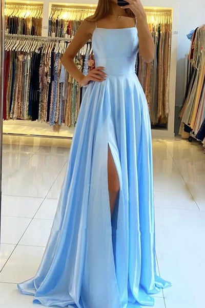 Simple A Line Backless Sage/Pink/Blue Satin Long Prom Dresses with High Slit, Backless Sage/Pink/Blue Formal Graduation Evening Dresses EP1796