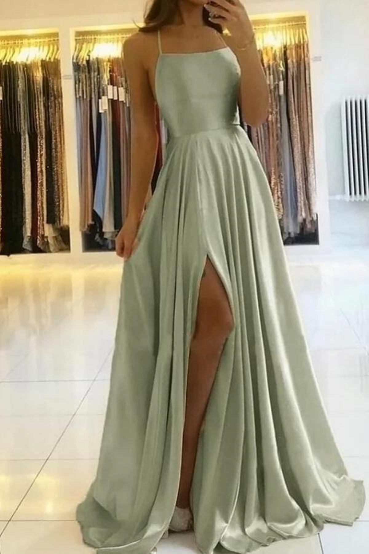Simple A Line Backless Sage/Pink/Blue Satin Long Prom Dresses with Hig Eip Collection Simple A Line Backless Sage/Pink/Blue Satin Long Prom Dresses with Hig Eip Collection