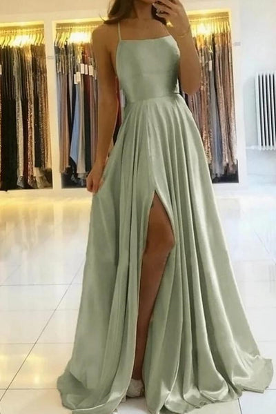 Simple A Line Backless Sage/Pink/Blue Satin Long Prom Dresses with High Slit, Backless Sage/Pink/Blue Formal Graduation Evening Dresses EP1796