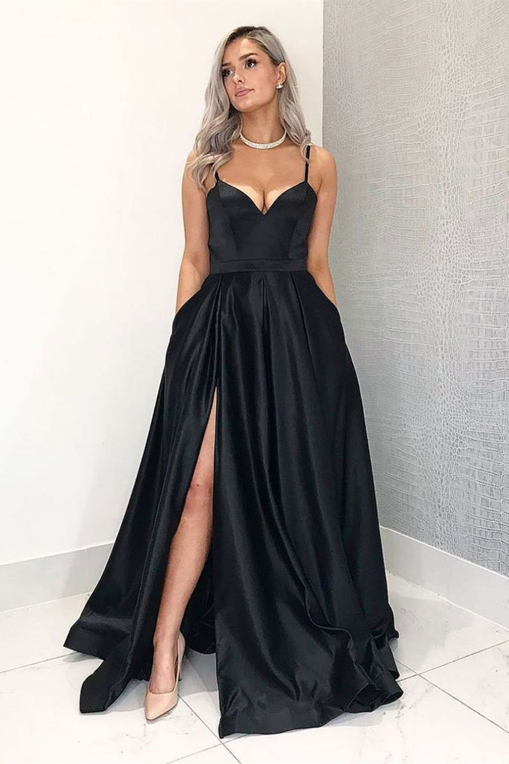 Black Satin A Line Long Prom Dress High Slit Formal Dress