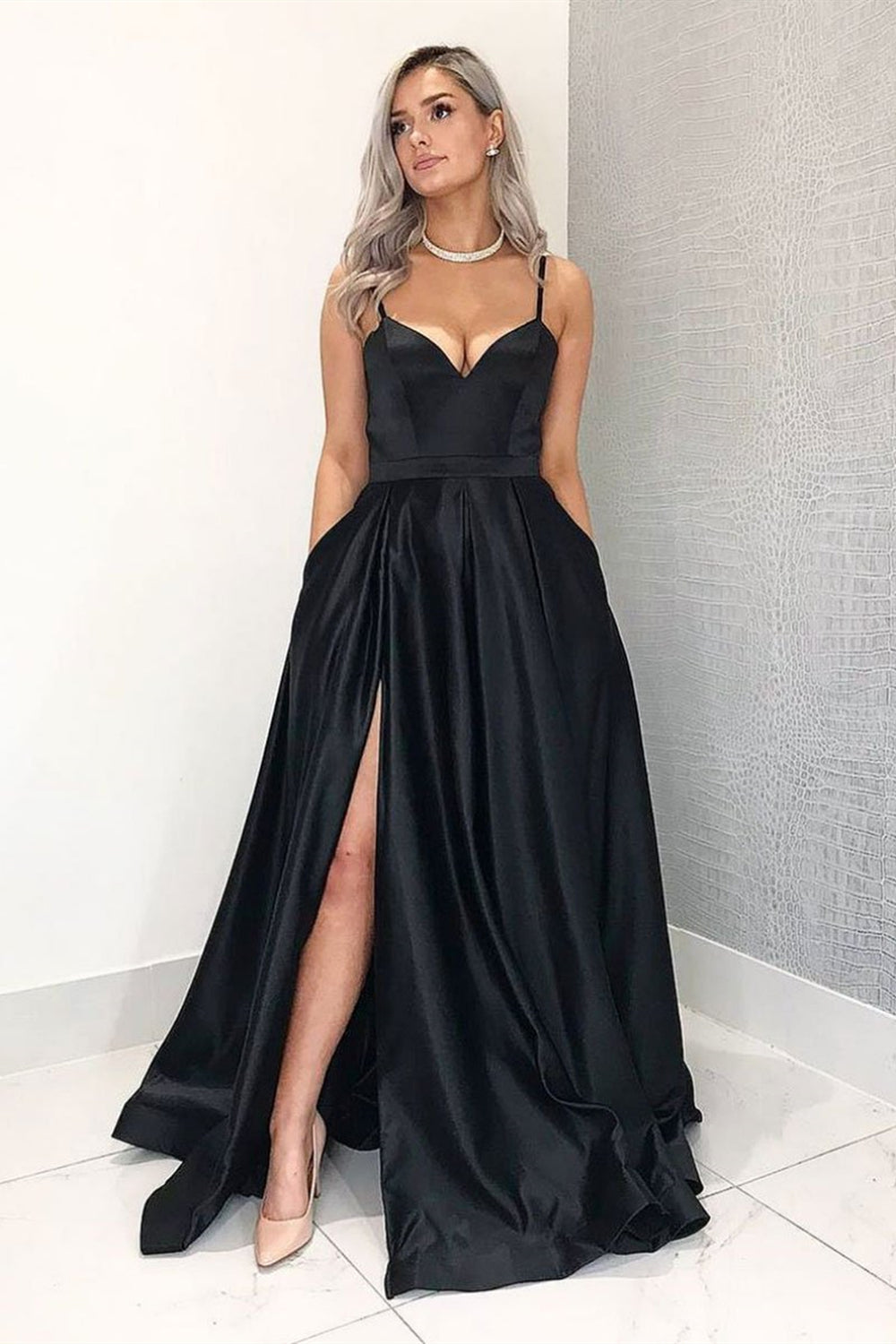 Simple A Line Black Satin Long Prom Dresses with High Slit, Long Black Formal Graduation Evening Dresses EP1469