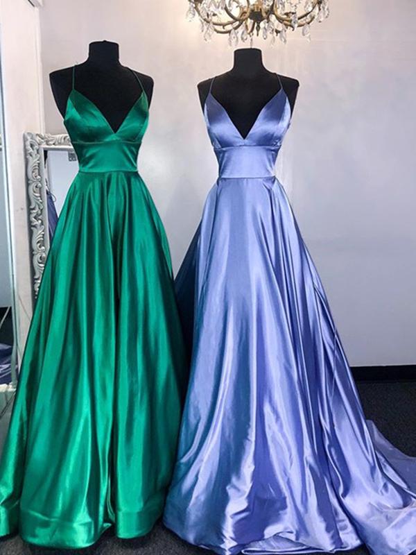Simple A Line V Neck Emerald Green Blue Long Prom Dresses, Simple Satin Long Formal Evening Dresses