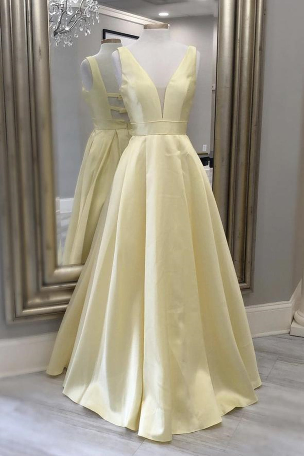 Simple A Line V Neck Open Back Yellow Long Prom Dresses, Yellow Formal Evening Dresses EP1348