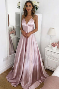 Simple A Line V Neck Pink Long Prom Dresses, V Neck Pink Formal Graduation Evening Dresses EP1598