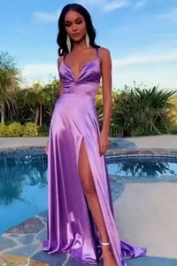 Simple A Line V Neck Purple Satin Long Prom Dresses with High Slit, V Neck Purple Formal Graduation Evening Dresses EP1839