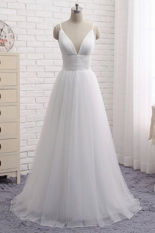 Simple A Line V Neck White Wedding Dresses, V Neck White Tulle Prom Formal Dresses