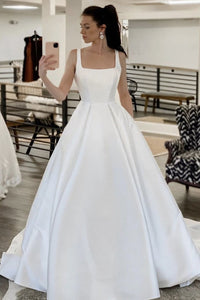 Simple A Line White Satin Long Prom Dresses, White Formal Evening Dresses EP1346