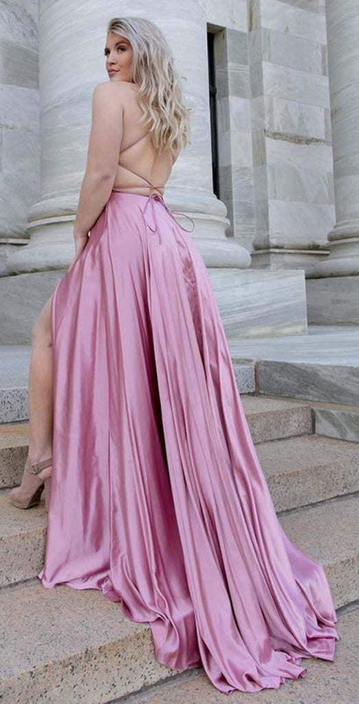 Simple Backless Pink Satin Long Prom Dresses with High Slit, Backless Eip Collection Simple Backless Pink Satin Long Prom Dresses with High Slit, Backless Eip Collection