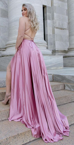 Simple Backless Pink Satin Long Prom Dresses with High Slit, Backless Pink Formal Graduation Evening Dresses EP1791