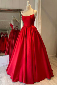 Simple Backless Red Satin Long Prom Dresses, Long Red Formal Graduation Evening Dresses EP1732