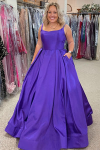 Simple Open Back Purple Satin Long Prom Dresses, Long Purple Formal Graduation Evening Dresses EP1813