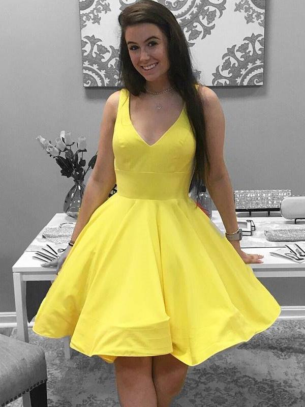 Simple Short V Neck Yellow Red Satin Prom Dresses, Short Red Yellow Fo Eip Collection Simple Short V Neck Yellow Red Satin Prom Dresses, Short Red Yellow Fo Eip Collection