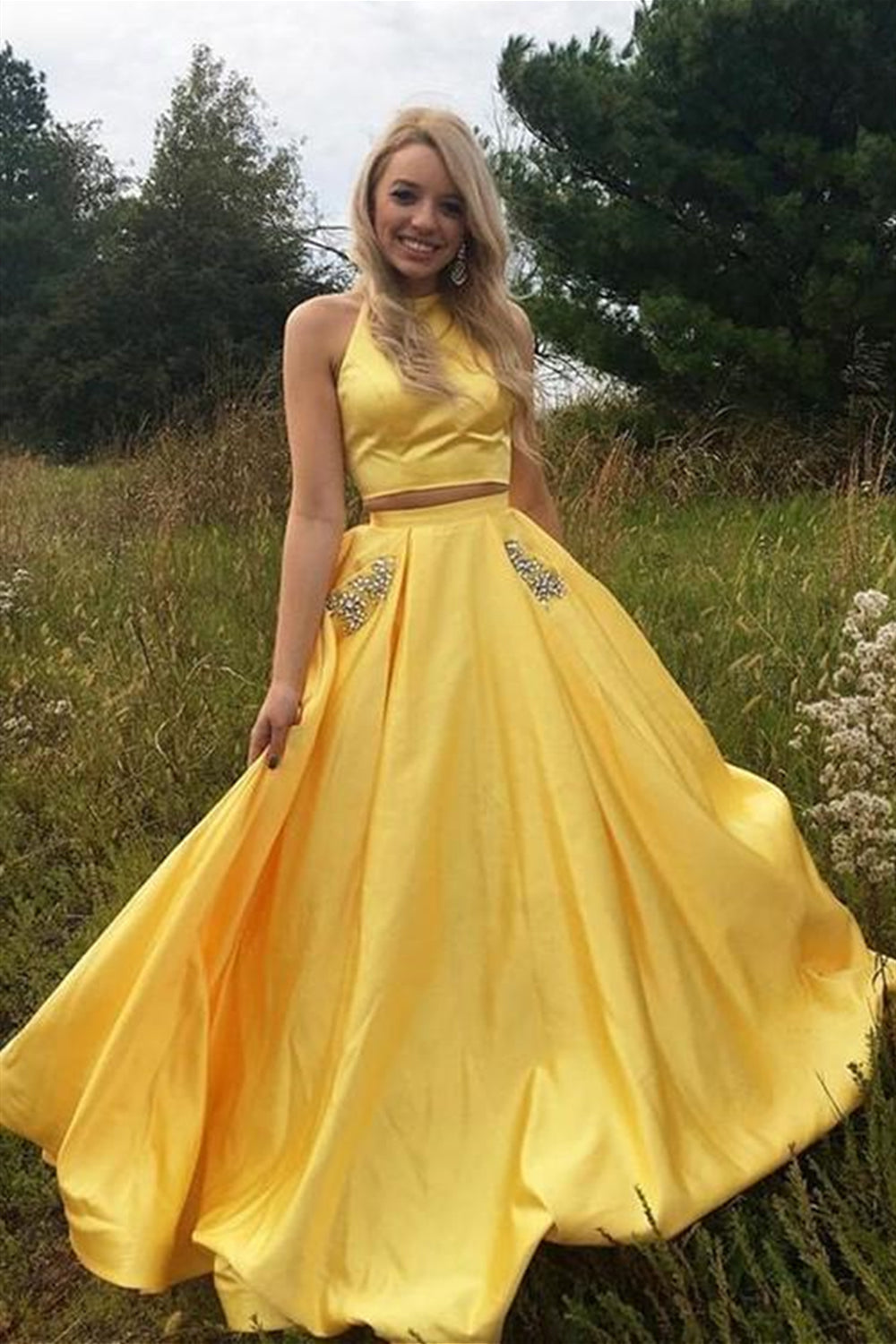 Simple Two Pieces Yellow Satin Long Prom Dresses with Pocket, 2 Pieces Yellow Formal Graduation Evening Dresses EP1478