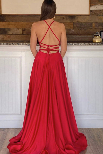 Simple V Neck Backless Red Satin Long Prom Dresses with High Slit, V Neck Red Formal Graduation Evening Dresses EP1703