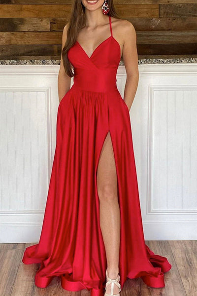 Simple V Neck Backless Red Satin Long Prom Dresses with High Slit, V Neck Red Formal Graduation Evening Dresses EP1703