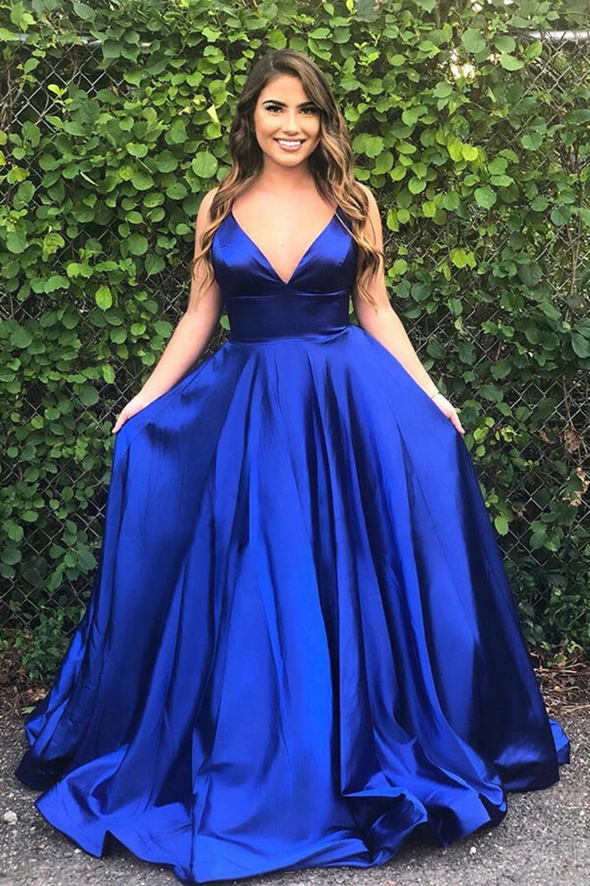 Ashley Lauren Size 0 Plunge Satin Royal Blue Ball Gown on Queenly