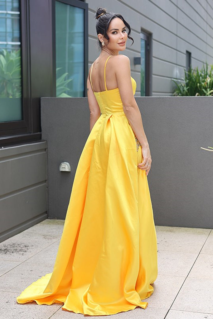 Simple V Neck Backless Yellow Satin Long Prom Dresses, Yellow Long For Eip Collection Simple V Neck Backless Yellow Satin Long Prom Dresses, Yellow Long For Eip Collection