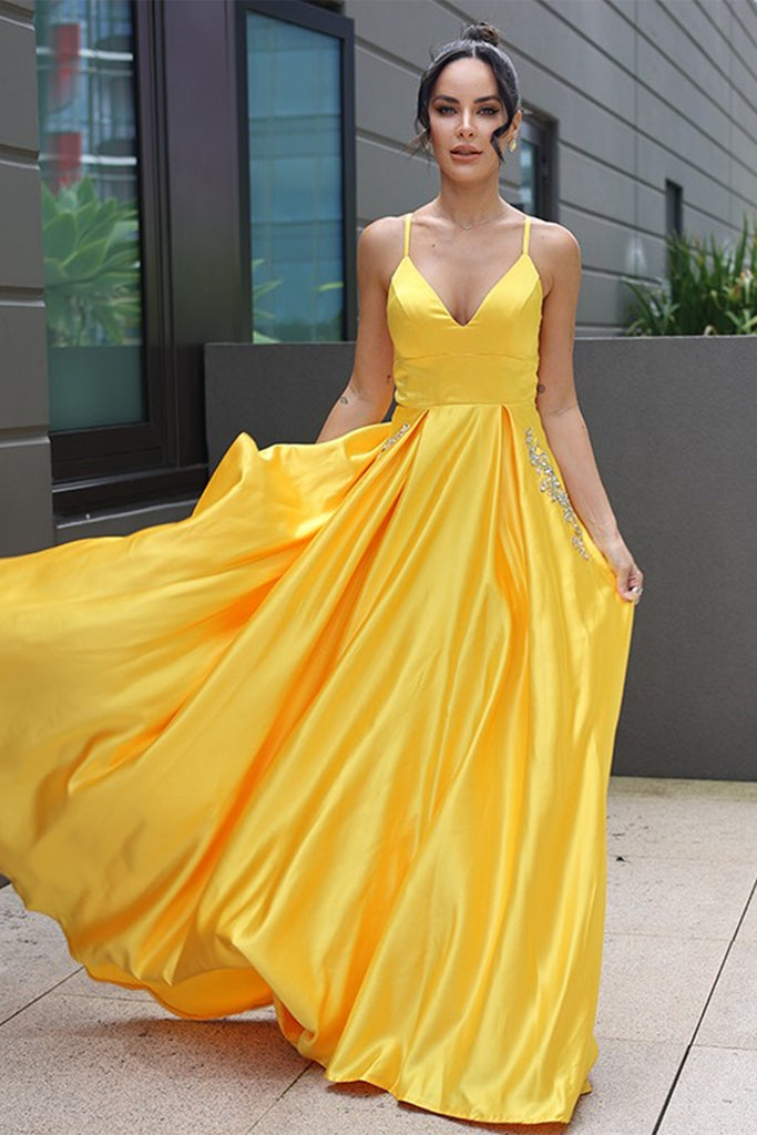 Simple V Neck Backless Yellow Satin Long Prom Dresses, Yellow Long For Eip Collection Simple V Neck Backless Yellow Satin Long Prom Dresses, Yellow Long For Eip Collection