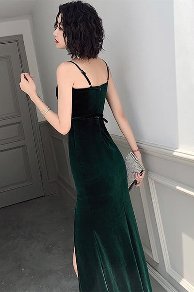 Simple V Neck Dark Green Velvet Long Prom Dresses, Dark Green Velvet Formal Graduation Evening Dresses EP1683