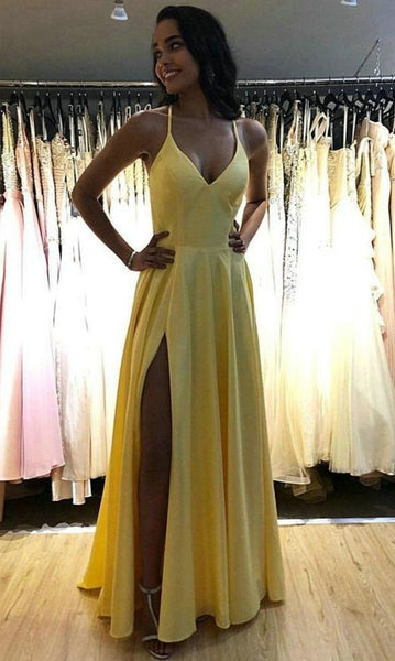 Simple V Neck Green/Yellow/Blue/Burgundy Satin Long Prom Dresses with High Slit, Green/Yellow/Blue/Burgundy Formal Graduation Evening Dresses EP1830