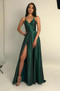 Simple V Neck Green/Yellow/Blue/Burgundy Satin Long Prom Dresses with High Slit, Green/Yellow/Blue/Burgundy Formal Graduation Evening Dresses EP1830