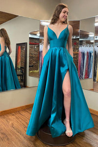 Simple V Neck Open Back Blue Long Prom Dresses with High Slit, V Neck Blue Formal Graduation Evening Dresses EP1677