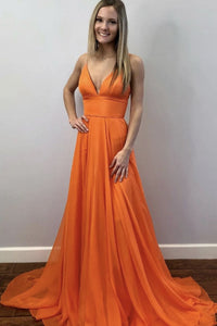 Simple V Neck Orange Chiffon Long Prom Dress Orange Formal Evening Dress