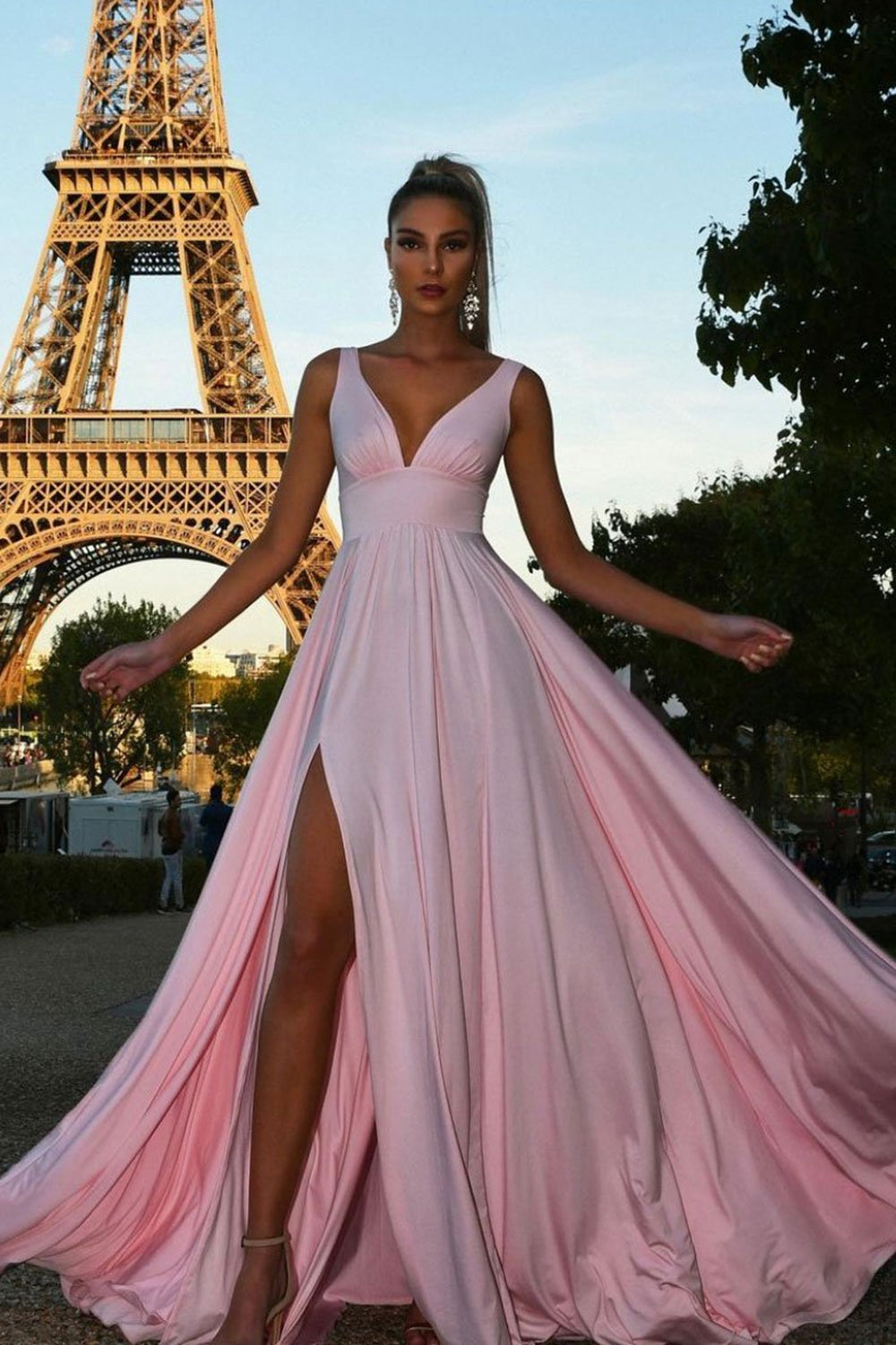 Simple V Neck Pink Long Prom Dresses with Slit, Pink Formal Evening Bridesmaid Dresses EP1357