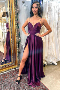 Simple V Neck Purple Satin Long Prom Dresses with High Slit, V Neck Purple Formal Graduation Evening Dresses EP1729