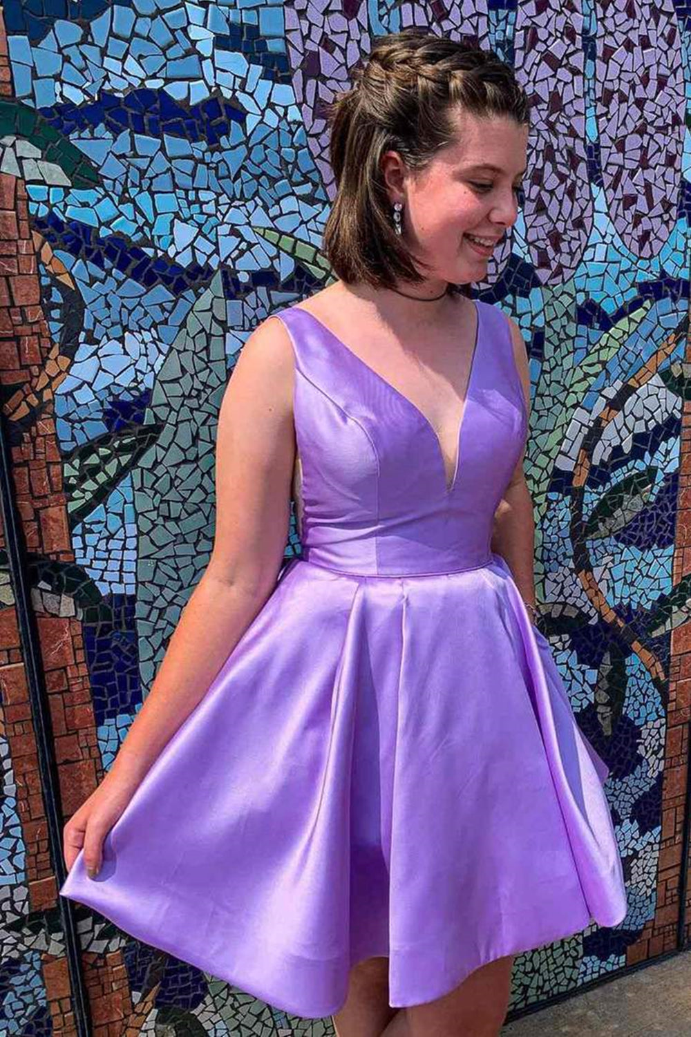 Simple V Neck Purple Short Prom Homecoming Dresses, V Neck Purple Formal Graduation Evening Dresses EP1503